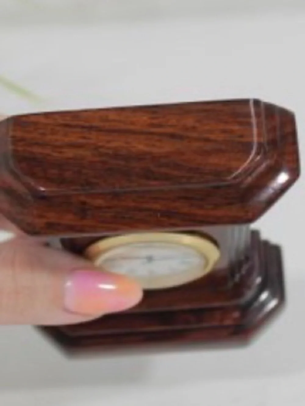 Vintage Miniature Classic Column Wood Mantel Clock 4 inch untested